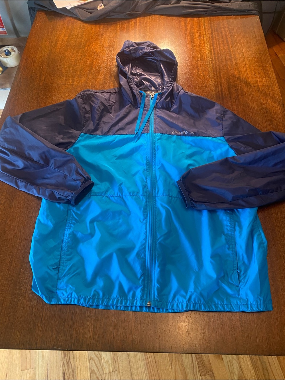 Eddie Bauer Jacket Size Large Men Blue Turquoise Colorblock Hooded Windbreaker